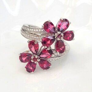 Vintage Boho Evening Sterling Silver Red Crystal Flower Cocktail Ring 7